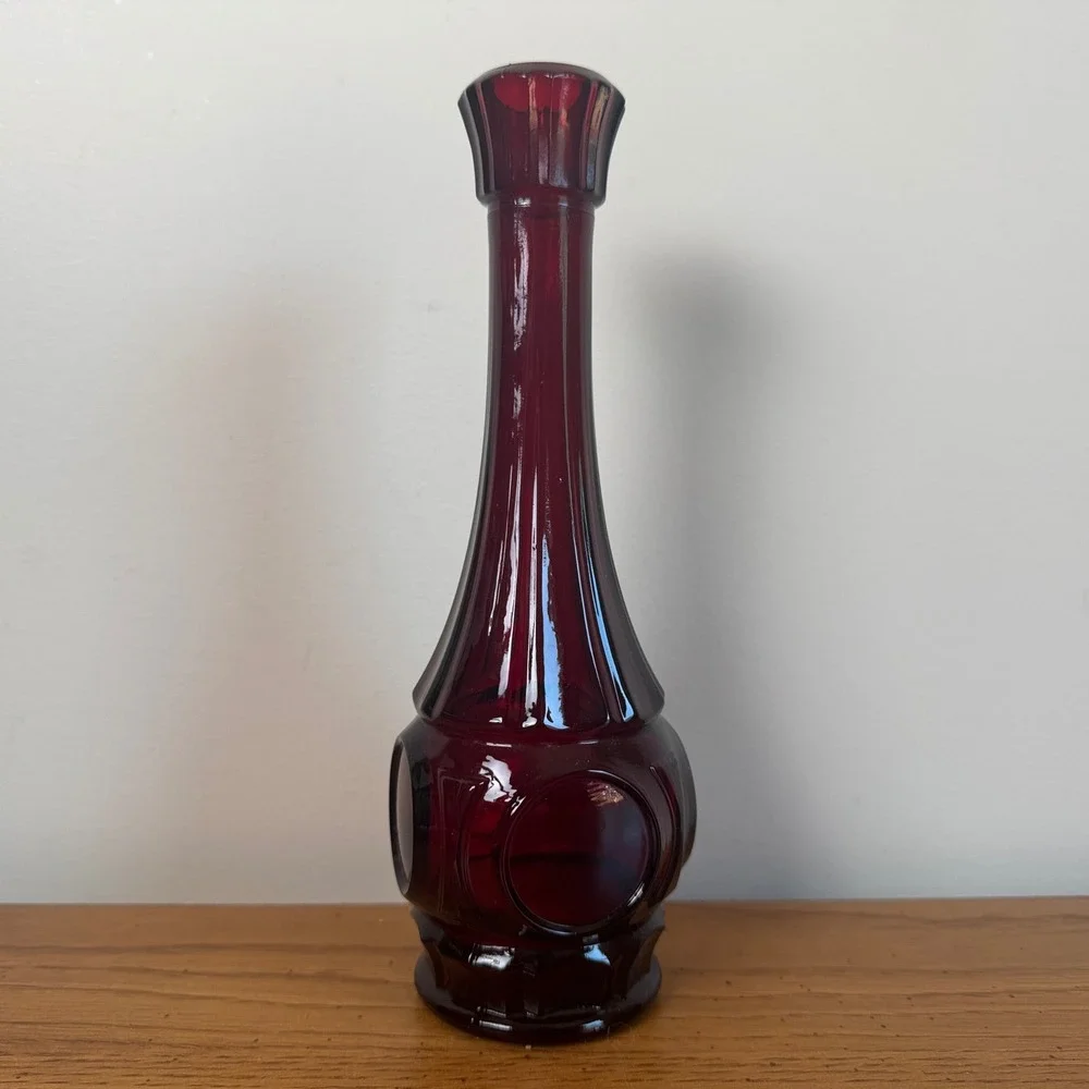 Vintage‎ Ruby Red Glass Bud Vase Mid Century Modern Thumbprint